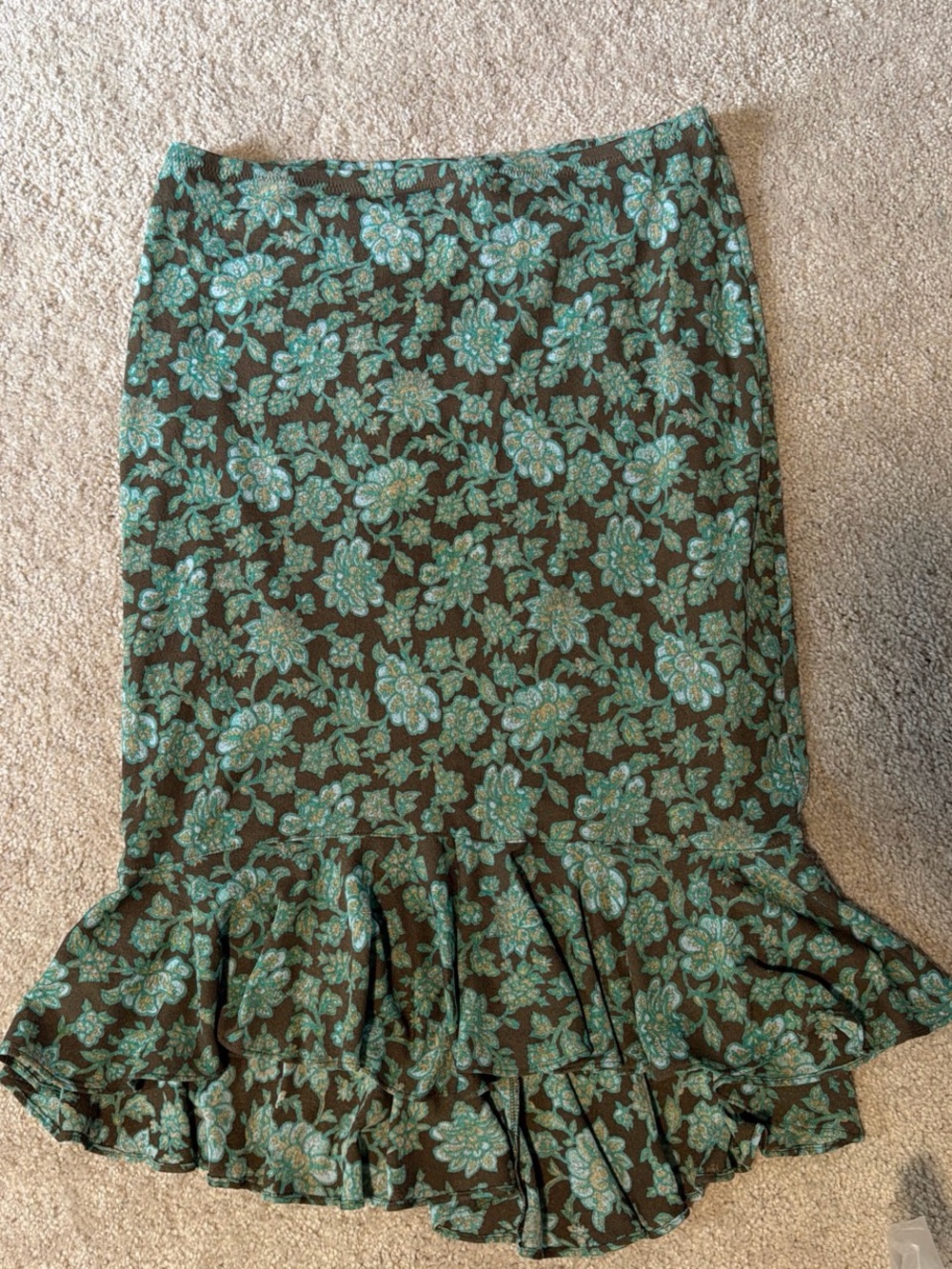 Express Green Floral Ruffle-Hem Midi Skirt